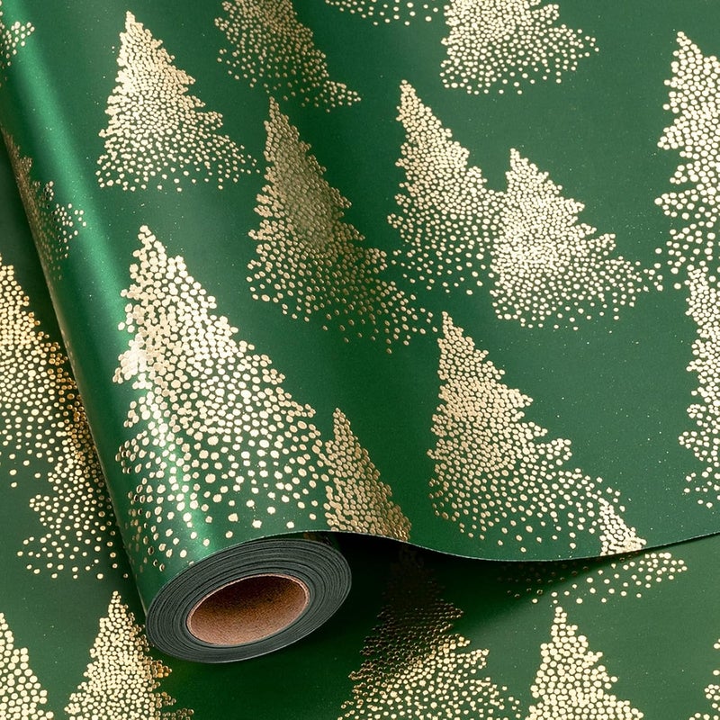 MAYPLUSS Christmas Wrapping Paper Roll, Green and Gold Tree Wrapping Paper, Gold Foil Christmas Tree Design Winter Holiday Gift Wrap Neutral for Gift Packaging, Festive Decoration (17 Inch X 33 Feet) - Image 1